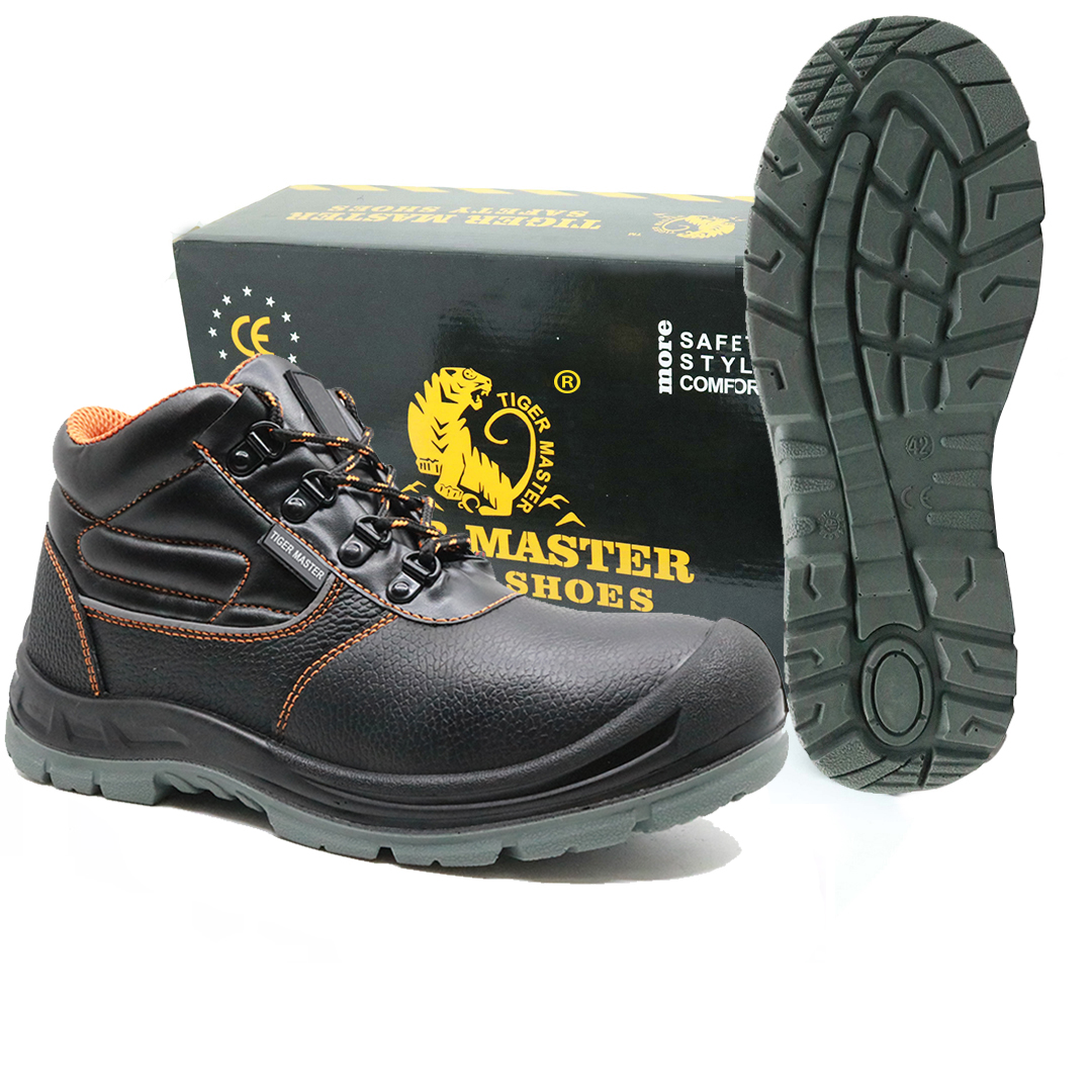 Lightweight black leather non slip european safety shoes with composite toe