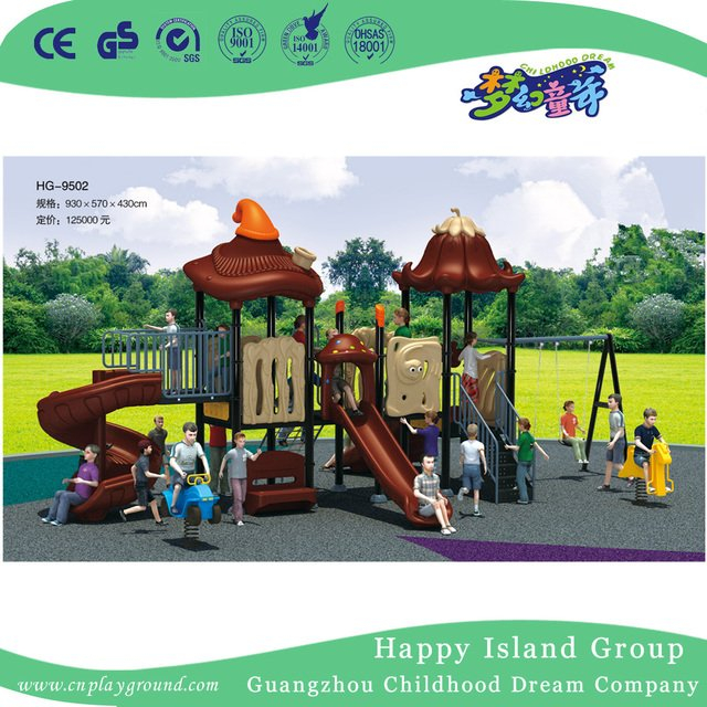 Im Freien kleiner Brown-Gemüsedach-Kind-Plättchen-Spielplatz mit Schwingen-Gerät (HG-9502)