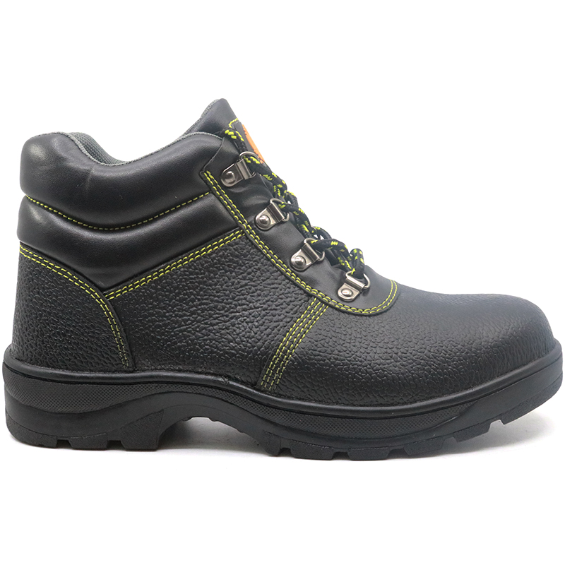 Black leather rubber sole construction safety shoes work