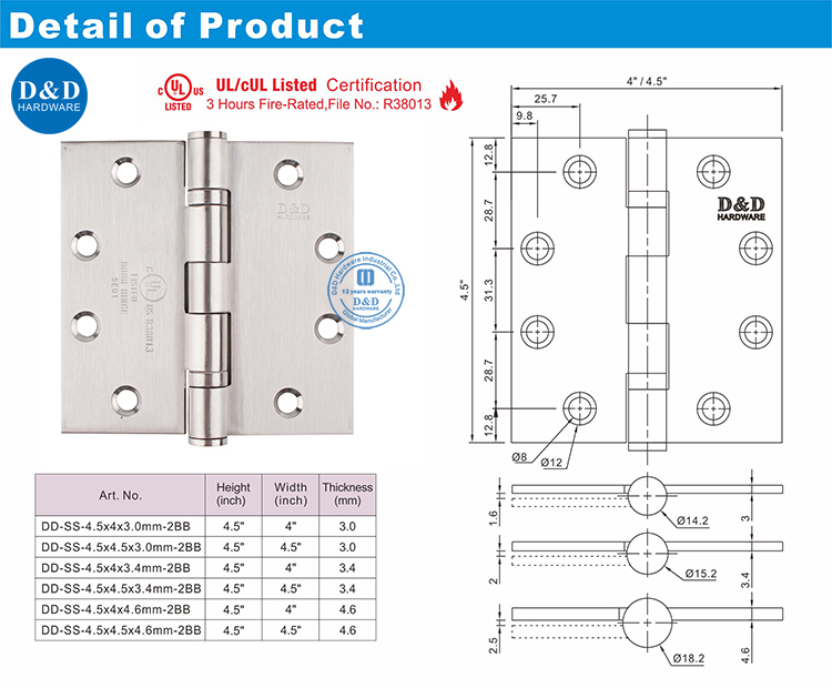 ประตูสแตนเลสสตีลบานพับ Hingddss002-FR-4.5x4.5x3-D & D ฮาร์ดแวร์
