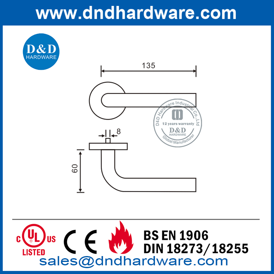 Maçaneta de porta de alavanca reta de aço inoxidável de grau 4 EN1906-DDTH002