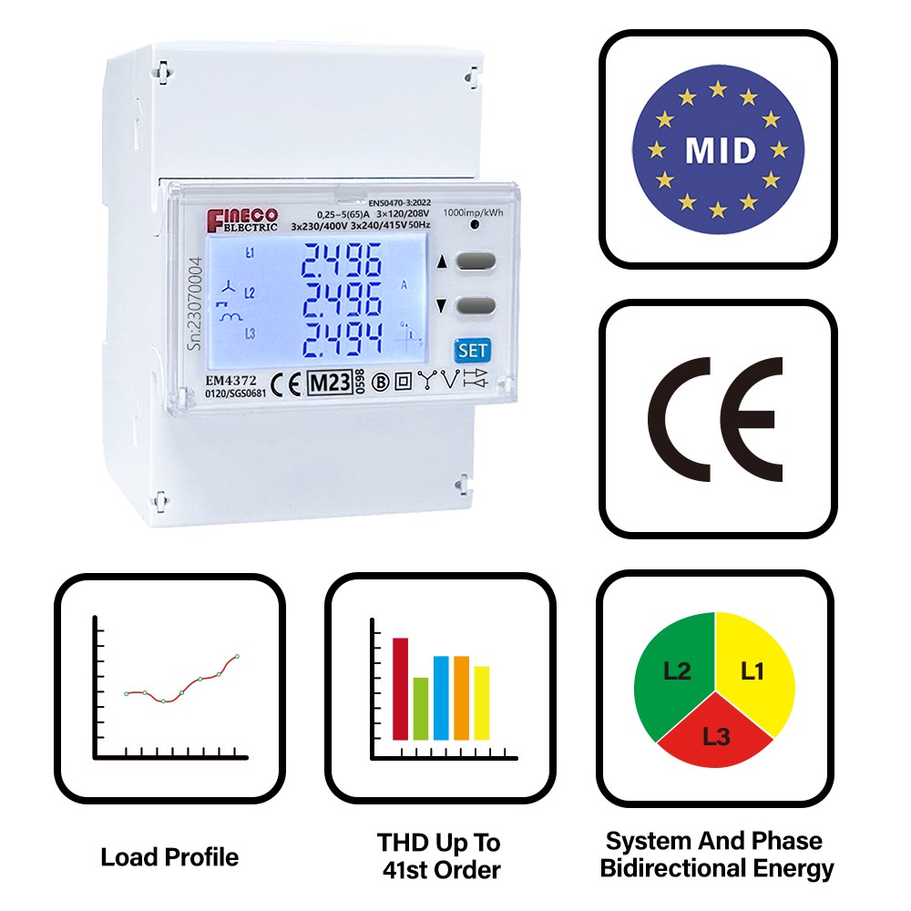 EM4372 5(65)A 三相智能电表 ~ 65A ~Modbus ~ 智能功率分析仪