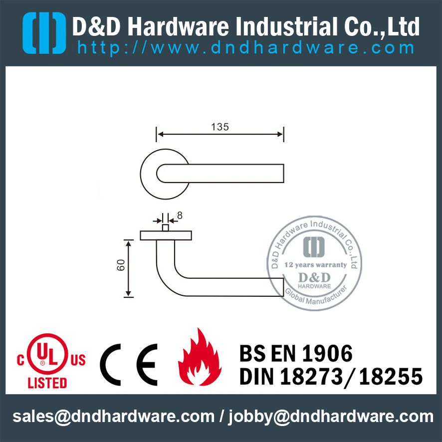 Stainless Steel 304 L Bentuk Api Dinilai Tuas Berongga Pegangan Pintu untuk Pintu Logam Aluminium dengan EN1906-DDTH002