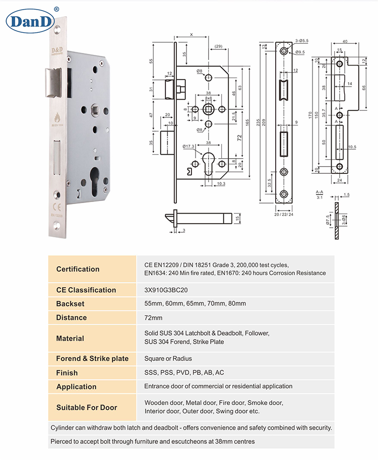 Hardware europeu de mortise Lock-D&D