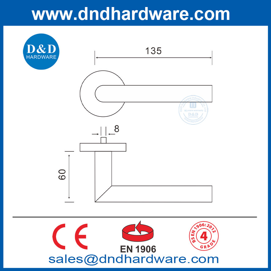 EN1906 Satin Brass Design ง่าย ๆ OEM SS304 มือจับประตูก้านตกแต่งภายใน DDTH003