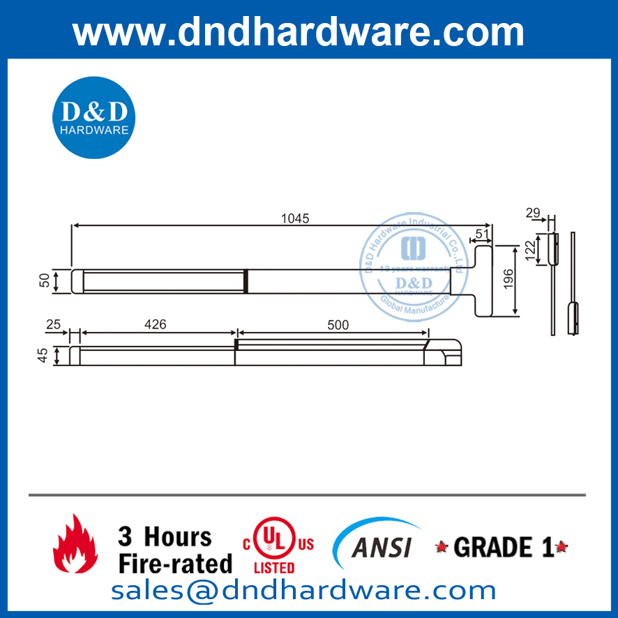 Hardware de dispositivo de pânico com barra de toque de fogo SS304 UL-DDPD002