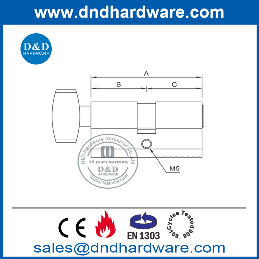 Kuningan Padat BS EN1303 Silinder Kunci Tunggal dengan Turn-DDLC002