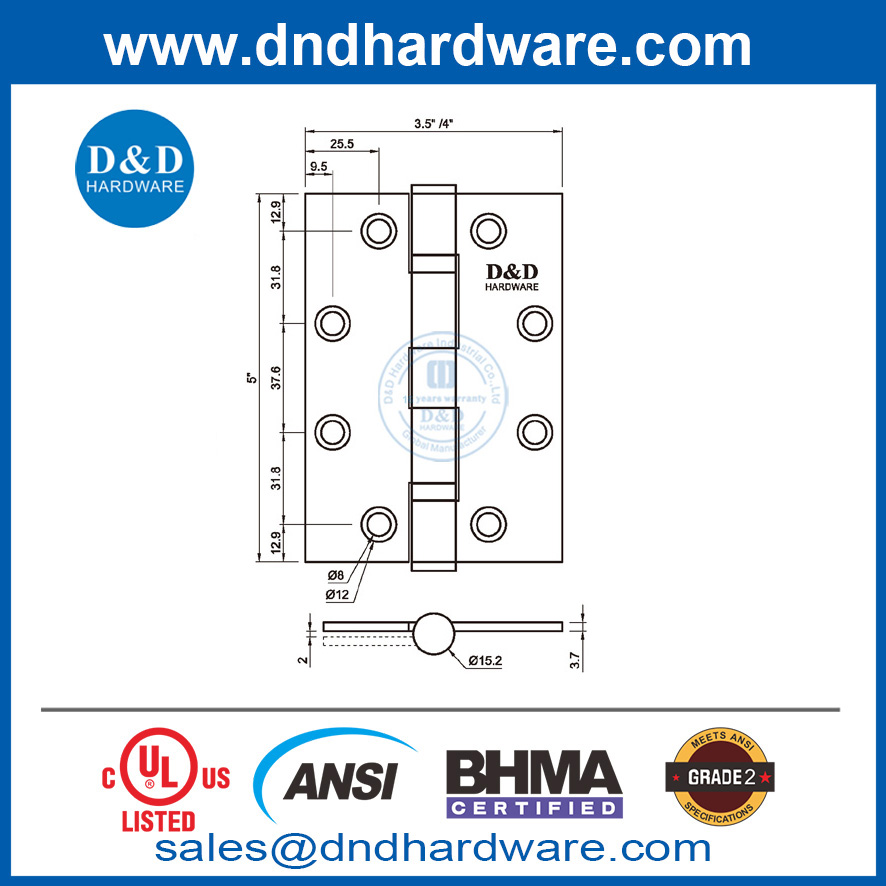สแตนเลสสตีล 5 นิ้ว ANSI BHMA เกรด 2 บานพับประตูจัดอันดับประตูสำหรับตลาดตะวันออกกลาง DDSS001-ANSI-2