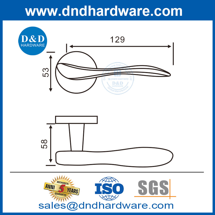 SS304 ที่จับคันโยกประตูห้องนอนขั้นพื้นฐานสำหรับประตูไม้ DDSH014
