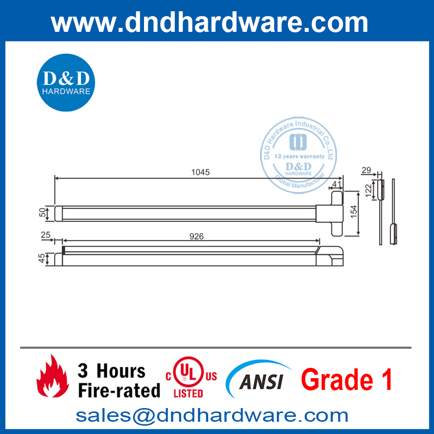Dispositivo de salida de varilla vertical de barra de puerta de seguridad con clasificación de fuego de acero ANSI grado 1-DDPD006