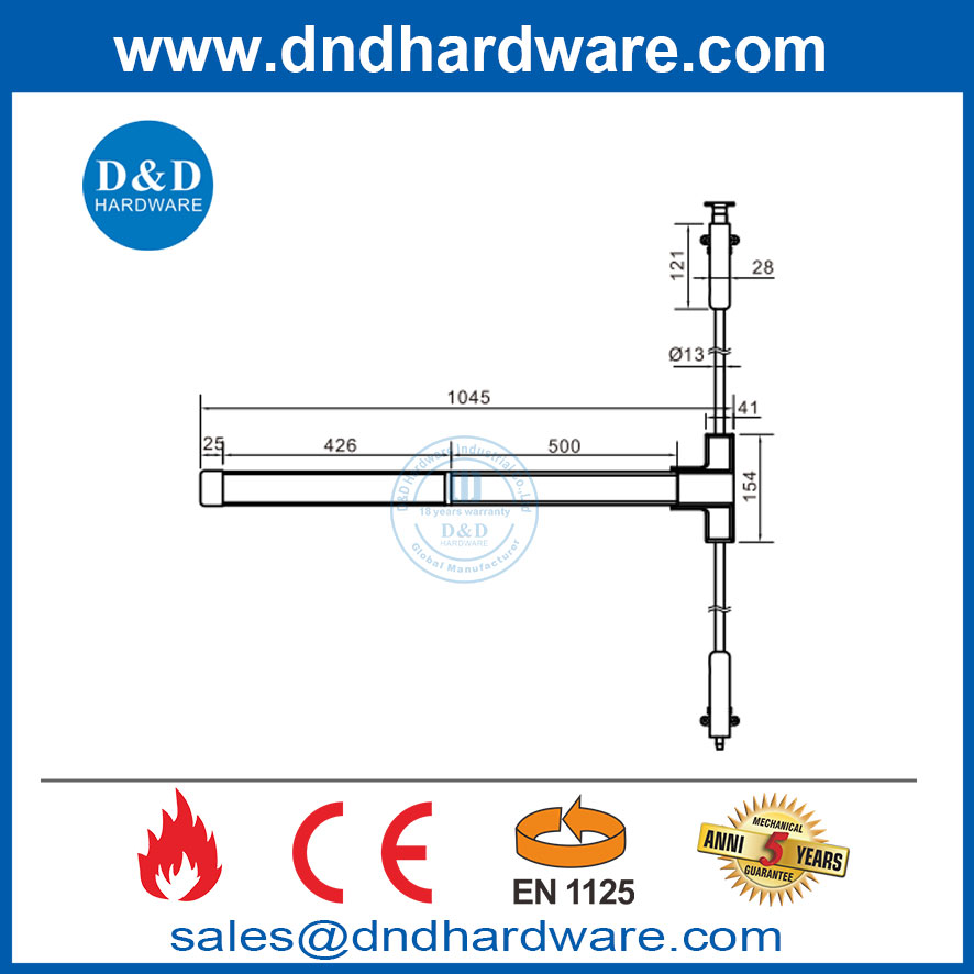 Door Push Bar Exit Exit Device ฉุกเฉินในเชิงพาณิชย์ CE EN1125 สำหรับประตูดับเพลิง DDPD027
