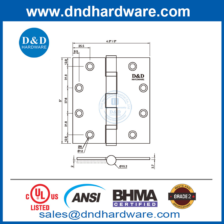 สแตนเลสสตีล 5 นิ้ว ANSI BHMA เกรด 2 บานพับประตูจัดอันดับประตูสำหรับตลาดตะวันออกกลาง DDSS001-ANSI-2