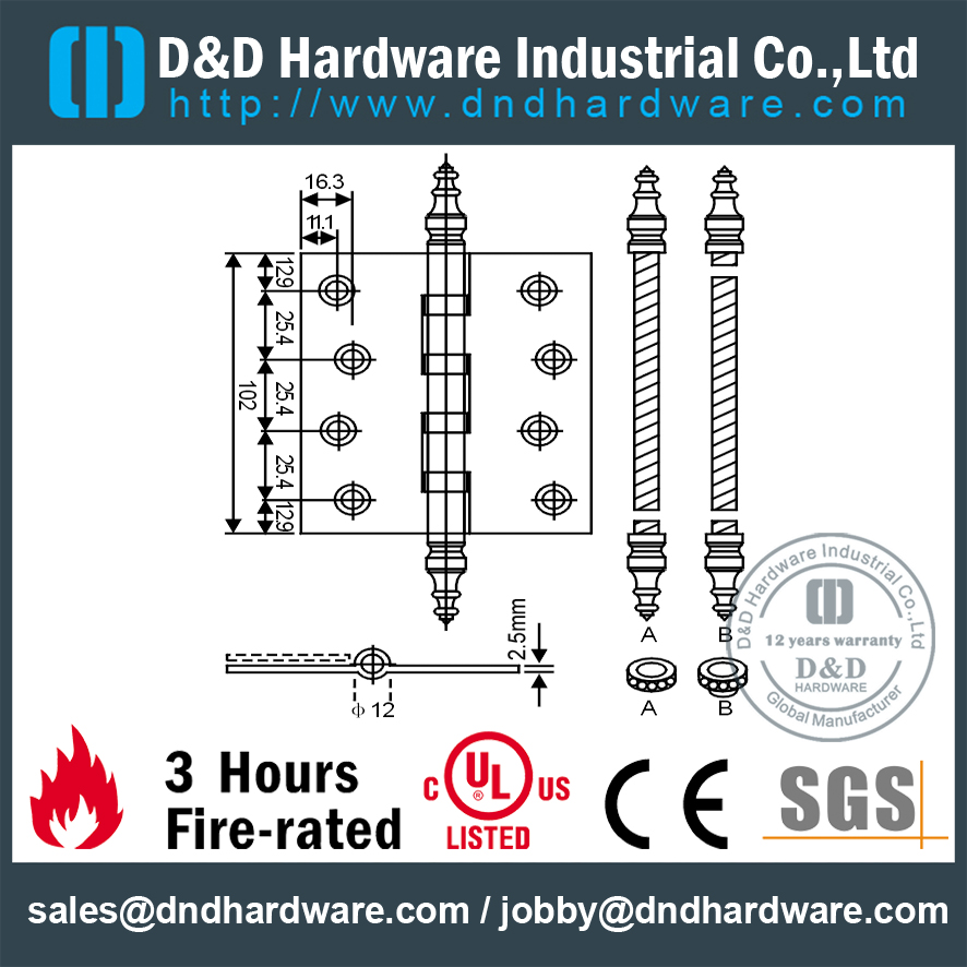 DDBH003-外门用实心黄铜 4 球轴承宝塔尖铰链