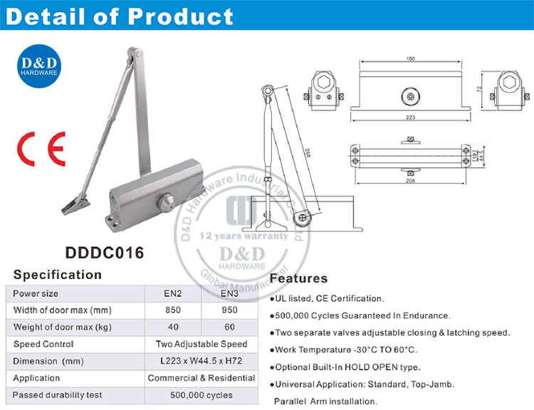 CE EN1154 Hardware ประตูอัตโนมัติใกล้ชิด-& D ฮาร์ดแวร์