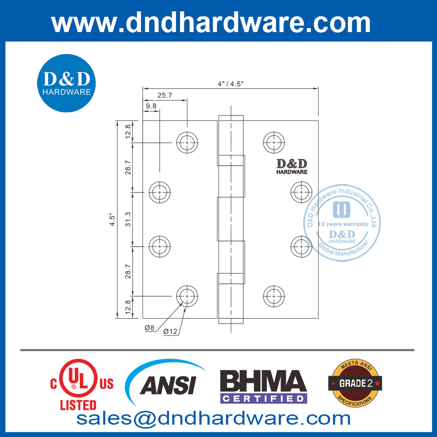 บานพับประตูด้านใน BHMA สแตนเลสสตีล UL ระบุไว้