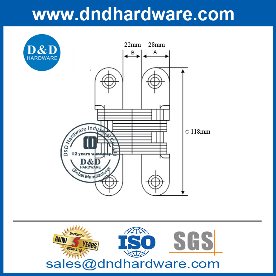 สแตนเลสสตีล/โลหะผสมสังกะสีซ่อนบานพับประตูที่ซ่อนอยู่ DDCH007