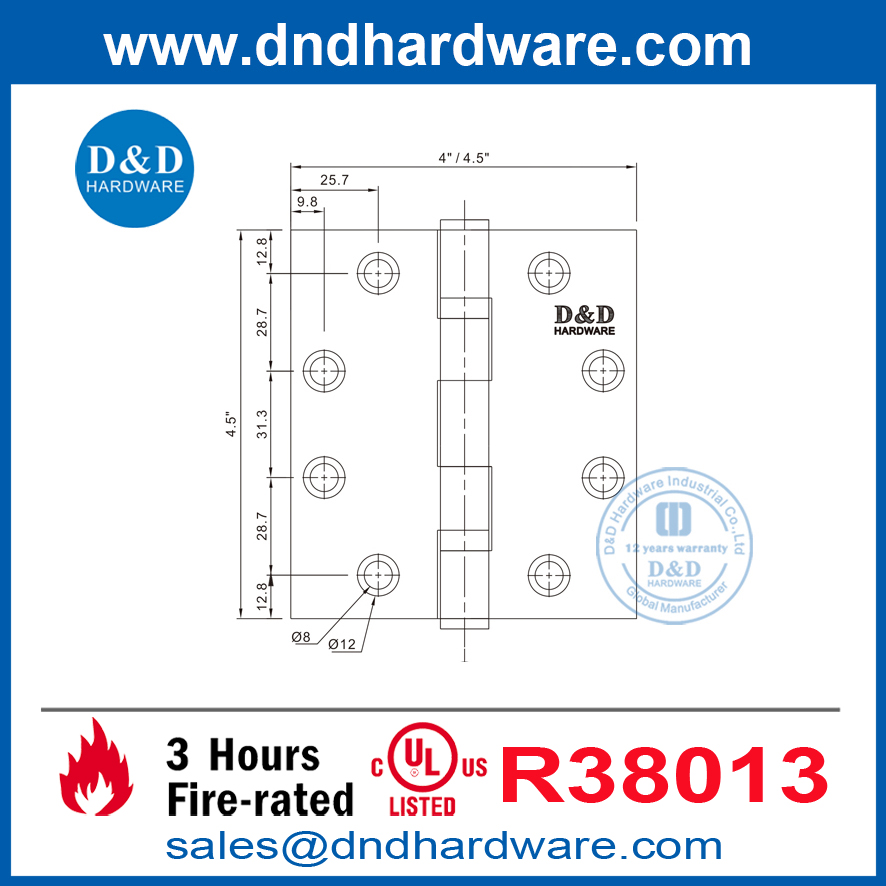 UL สแตนเลสสตีลไฟบานบานพับประตูสำหรับประตูฉุกเฉิน-DDSS002-FR-4.5x4x3.4