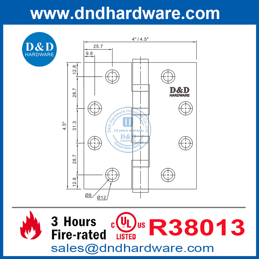 UL จดทะเบียน SS316 NRP Heavy Duty Hinge สำหรับอาคารเชิงพาณิชย์ DDSS004-FR-4.5x4.5x4.6.6