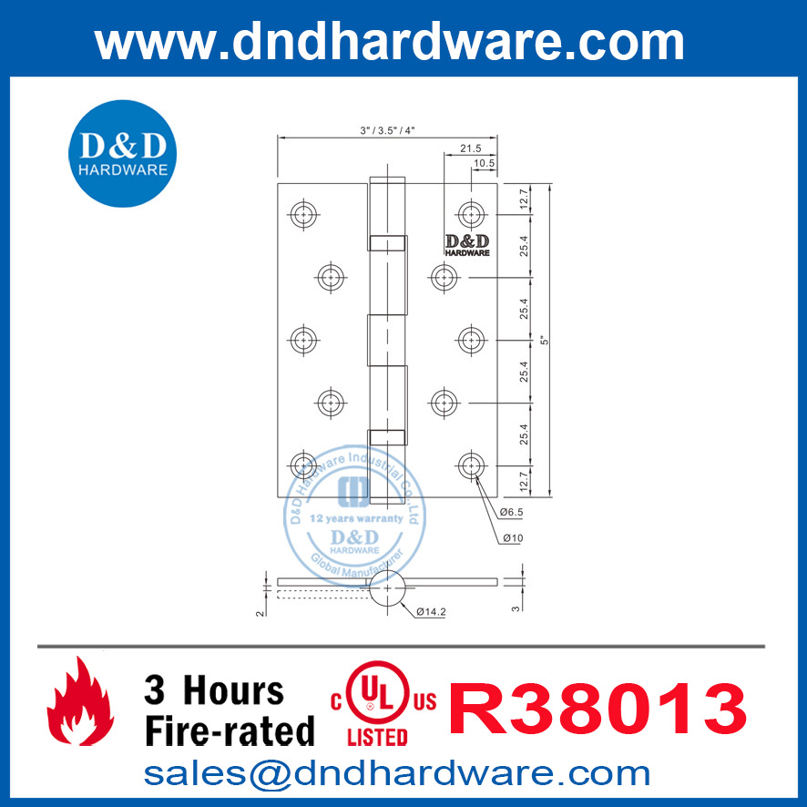 UL Fire ได้รับการจัดอันดับ 3 ชั่วโมง SUS304 บานพับประตูสำหรับอาคารที่อยู่อาศัย DDSS005-FR-5X4X3