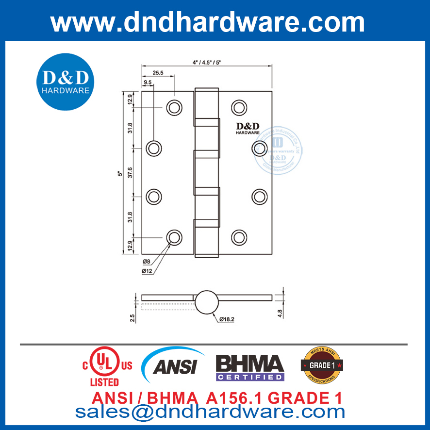 5 นิ้ว ANSI BHMA เกรด 1 ประตูไฟสำหรับโรงแรมอพาร์ทเมนต์-DDSS001-ANSI-1