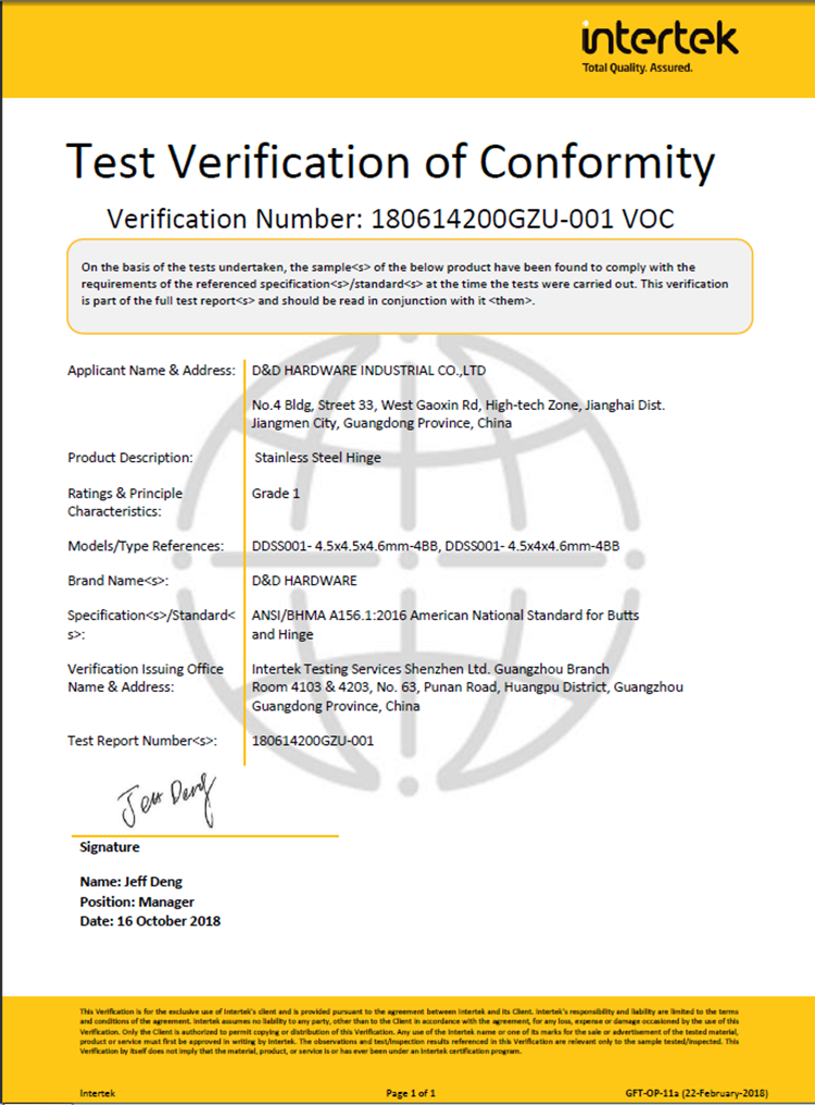 D & D Hardware- Certificado ANSI da dobradiça da porta de grau 1