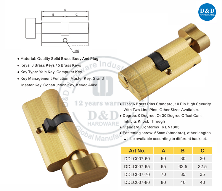Satin Brass Kamar Mandi Kunci Kunci Silinder-D & D Perangkat Keras
