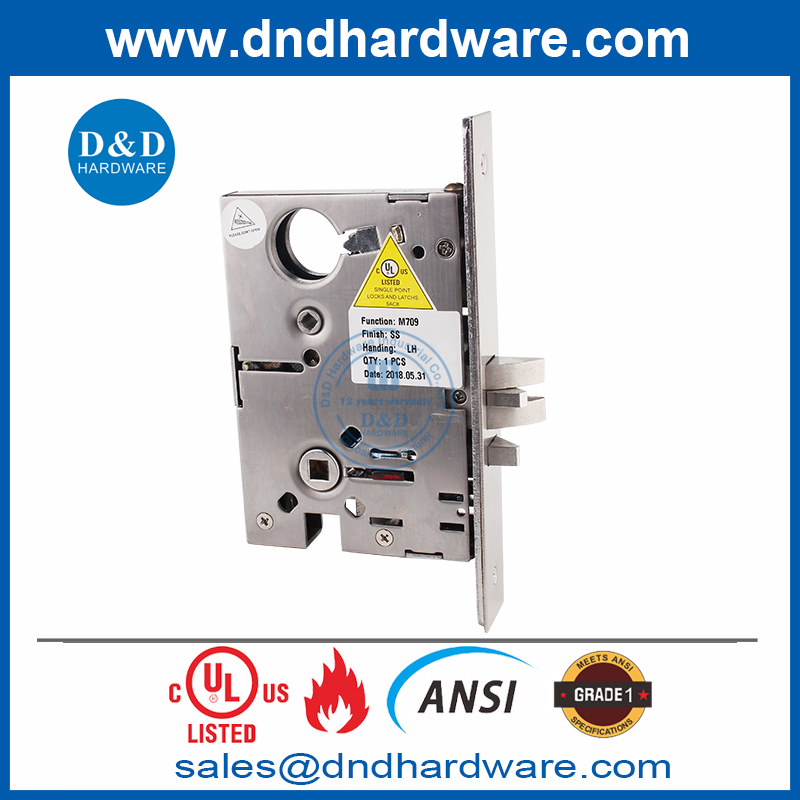 UL Mortise Lockset ANSI ชั้นประถมศึกษาปีที่ 1 ล็อคประตูสำหรับอพาร์ทเมนต์ DOOT-DDAL09 F09