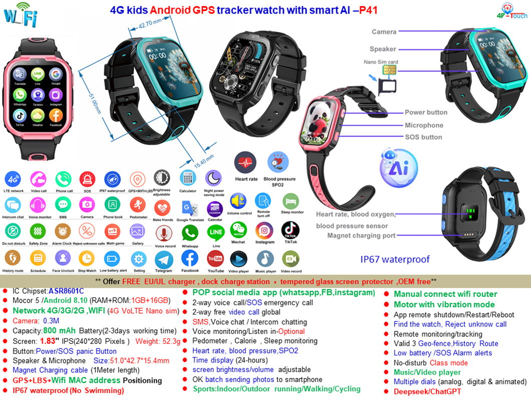 AI Health Monitor 4G Kids GPS Watch P41 AI Health Monitor 4G Reloj GPS para niños P41