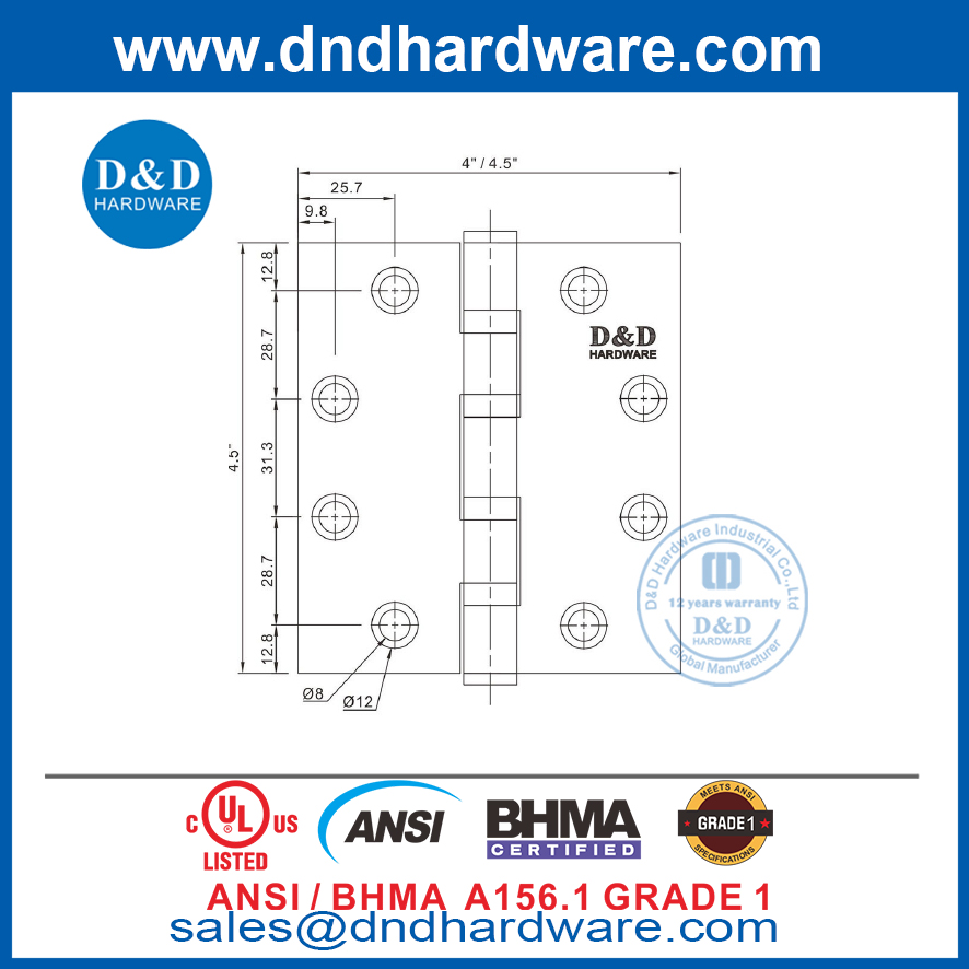 ANSI / BHMA Dobradiça com classificação contra incêndio SS304 UL 4 BB Dobradiça de topo- 4.5x4.5x4.6mm-4BB