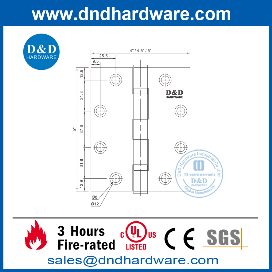 Dobradiça de porta de incêndio para serviços pesados ​​SS316 de 5 polegadas com certificado UL-DDSS006-FR