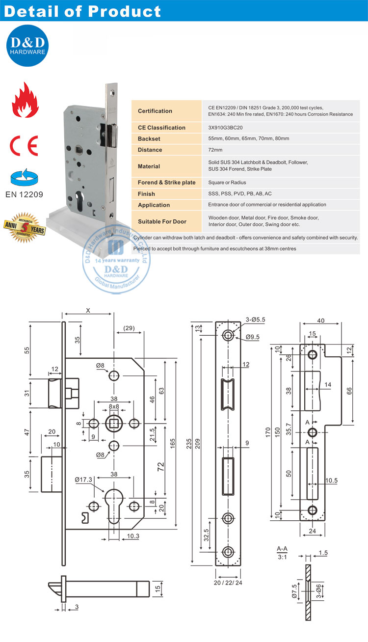 CE EN12209 Lock de mortise
