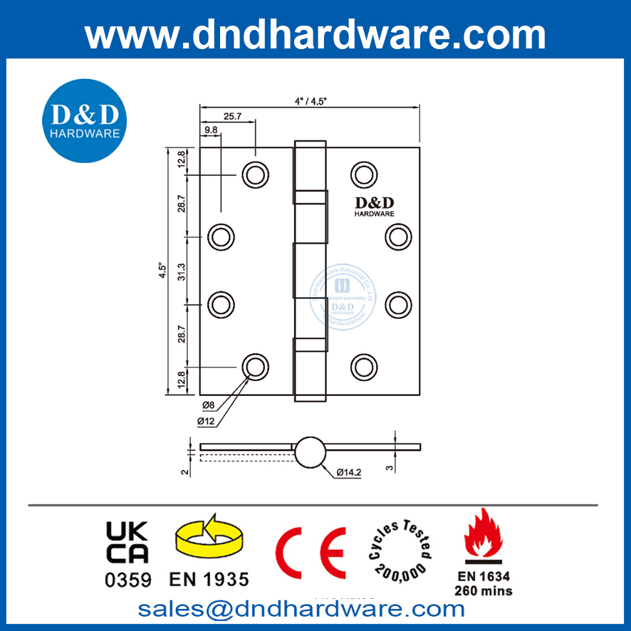 4.5 นิ้ว BS EN1935 CE MARK Fire Fire Door Hinge สำหรับประตูภายใน DDSS001-CE