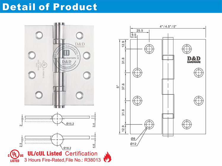 UL จดทะเบียน HEHALD DOOR HINGE-DDSS006-FR-D & D HARADWARE