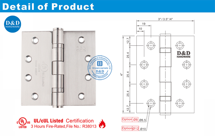 Bisagra de puerta de metal UL DDSS001-FR-4X4X3-D&D Hardware