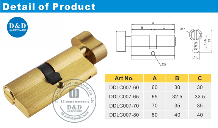 Satin Brass Bathroom Lock Cylinder-DDLC007-D & D Hardware