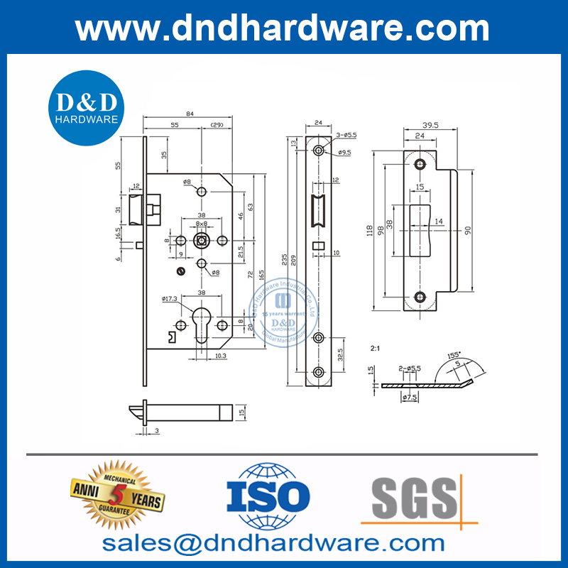 ฮาร์ดแวร์ประตูหน้า SUS304 ประตูรักษาความปลอดภัยล็อคประตูห้องเรียนล็อค DDML015