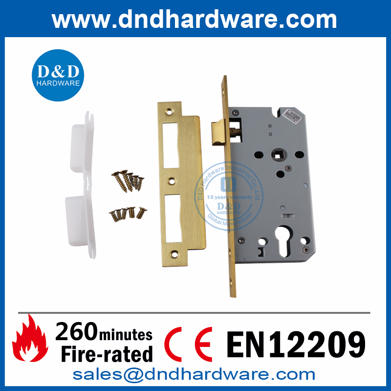 BS EN12209 Cerradura de puerta de guillotina de seguridad con clasificación de fuego de latón satinado-DDML009