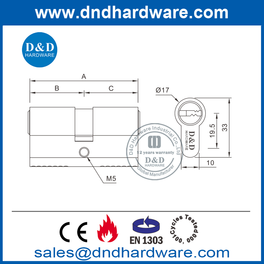 Cilindro de fechadura comercial de latão polido melhor Euro EN1303-DDLC003