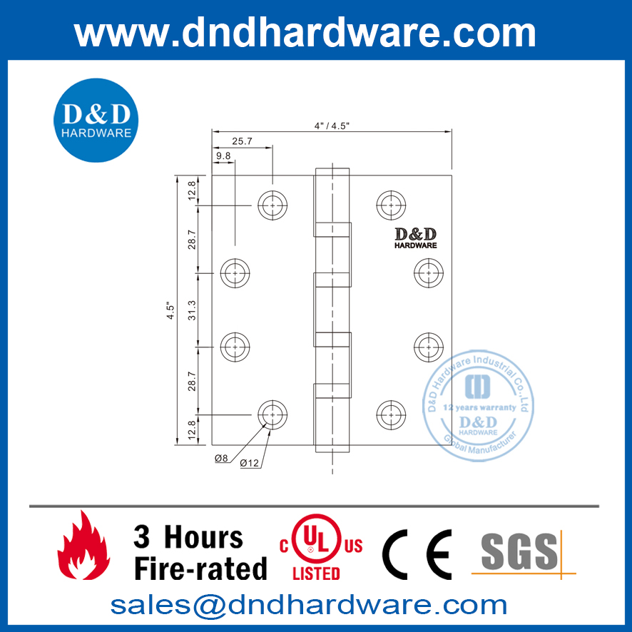 Tipos de bisagras para puertas cortafuegos de acero inoxidable 304 con certificación UL -DDSS004-FR