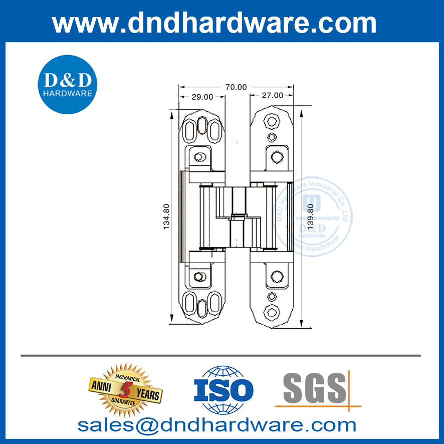 304 สเตนเลสสตีล 180 องศาหลอม 3 มิติที่ซ่อนสำหรับการแกว่งประตูไม้ DDCH012