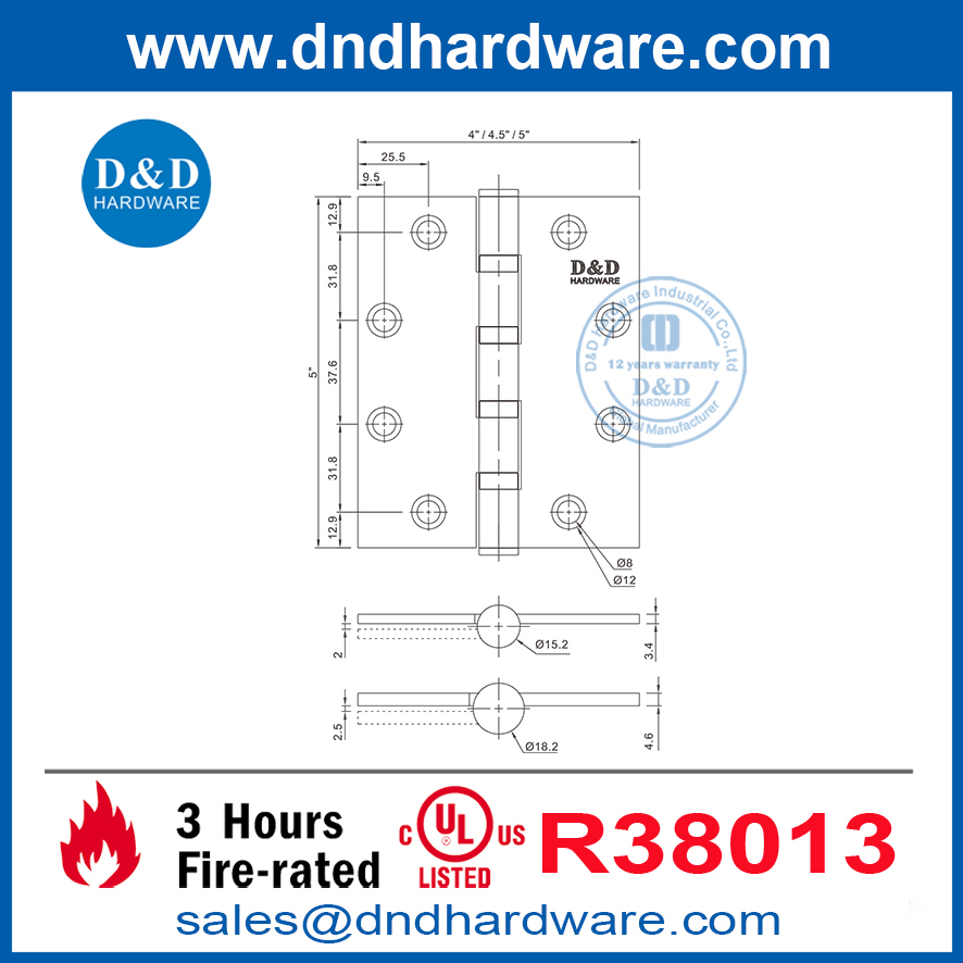UL ระบุว่ามีไฟไหม้ความหนา 4.6 มม. บานพับประตูหนักบานพับ DDSS008-FR-5X4.5x4.6