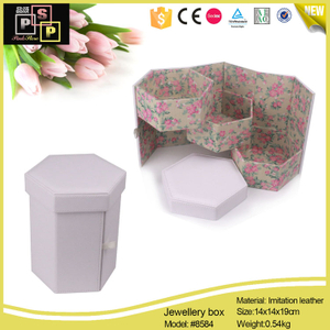 Pink White Hexegon 3 ply PU leather printing cotton inside jewelry box 