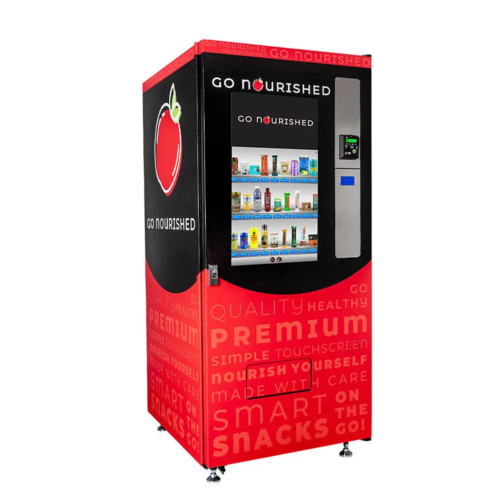 Máquina expendedora con pantalla táctil de 27 pulgadas: vista frontal con marca personalizada y visualización interactiva del producto