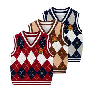 Kids Argyle Knit Vest - Preppy Style V-Neck Sleeveless Sweater Vest for School Uniform