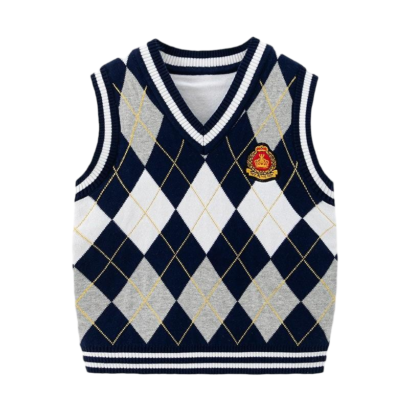 Kids Argyle Knit Vest - Preppy Style V-Neck Sleeveless Sweater Vest for School Uniform