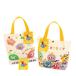 Cute Cartoon Monster Print Canvas Tote Bag - Reusable Shopping Bag with Yellow Handles for Daily Use