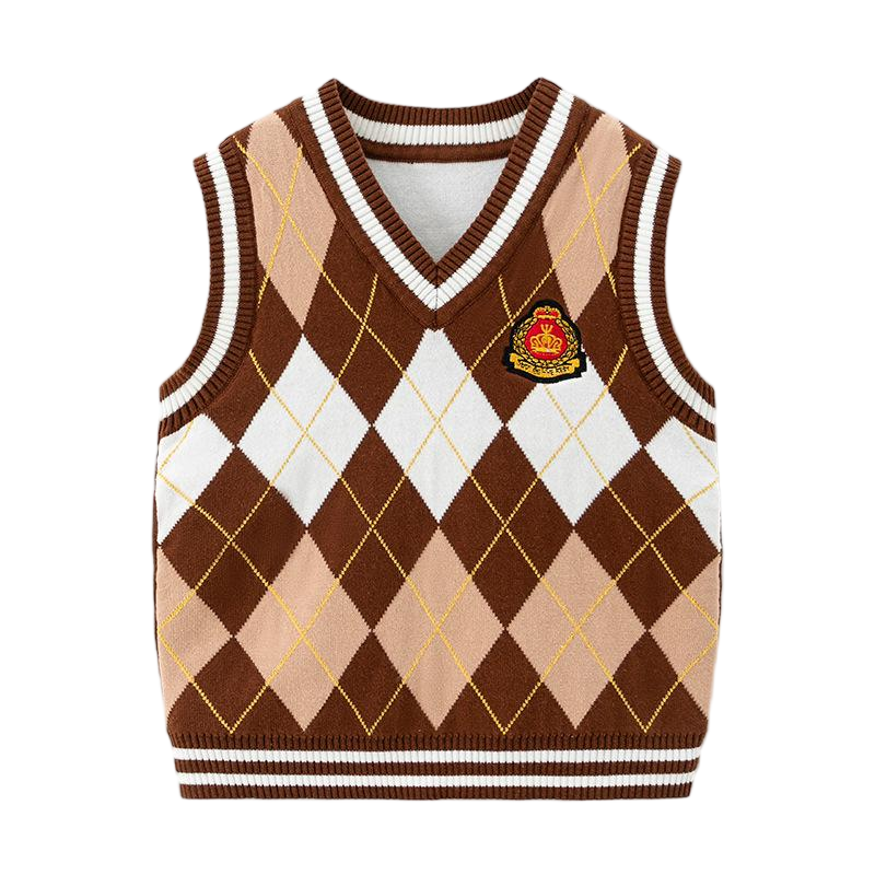 Kids Argyle Knit Vest - Preppy Style V-Neck Sleeveless Sweater Vest for School Uniform