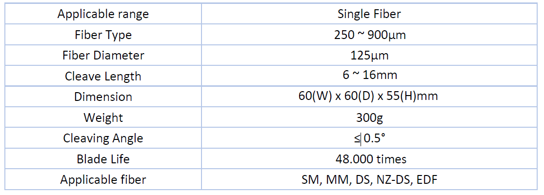 Especificaciones del producto de la cuchilla de fibra &oacute;ptica