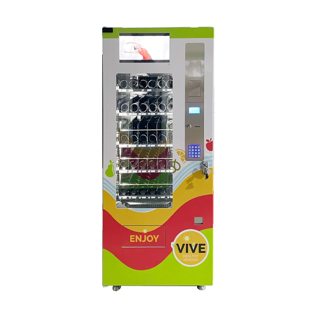 Máquina expendedora combinada con pantalla superior de 15 pulgadas: vista frontal con marca personalizada y venta de productos saludables