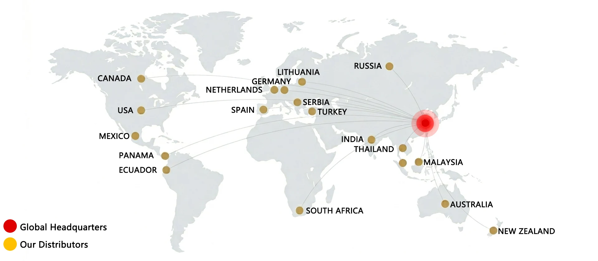 Mapa de la red global de distribuidores de máquinas expendedoras, que muestra la cobertura de ventas mundial desde nuestra sede en Jiangsu, China.